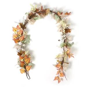 Artificial Autumn Maple Leaf Garland With White Pumpkins Berries Harvest Thanksgiving Home Decor Farmhouse Vine Ornament
