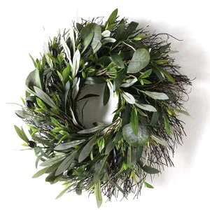 Artificial olive wreath with green leaves and black fruits on natural twig base, 50cm size