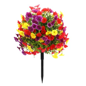 Artificial morning glory ball stakes with red, yellow, and purple flowers for garden decor