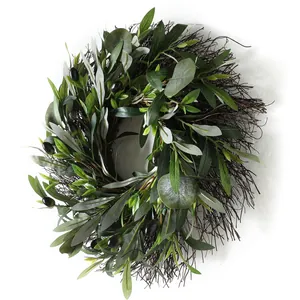 Handcrafted 50cm olive leaf wreath with realistic black fruits and dried branch base