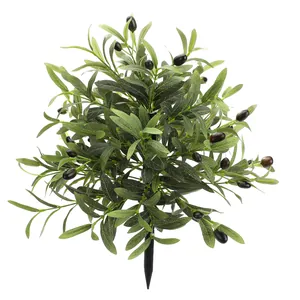 Artificial olive tree with green leaves and black fruit on white background