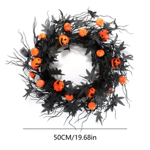 50cm Halloween wreath featuring black maple leaves and orange jack-o-lantern pumpkins
