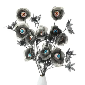 Halloween Artificial Plastic Rose Bouquet With Scary Eyeballs Gothic Black Satin Flowers For Spooky Home Party Decorations