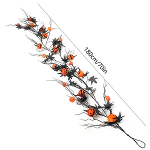 180cm Halloween garland with black maple leaves and orange pumpkin jack-o-lanterns