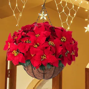 Panier suspendu de poinsettias artificiels avec fleurs rouges et décorations LED