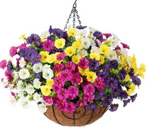 Artificial petunia hanging basket with eucalyptus leaves and coconut fiber liner