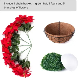 Panier suspendu de poinsettias artificiels avec chaînes et doublure en coco