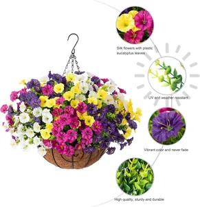 Detail of UV resistant silk flowers with eucalyptus leaves in coconut fiber hanging basket