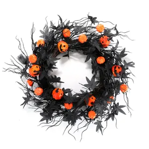 Halloween Wreath Artificial Black Maple Leaf Orange Pumpkin Jack-O-Lantern Garland For Front Door Home Wall Party Decoration