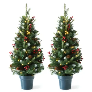 Set of two 90cm artificial Christmas trees with LED lights, pine cones, and red berries