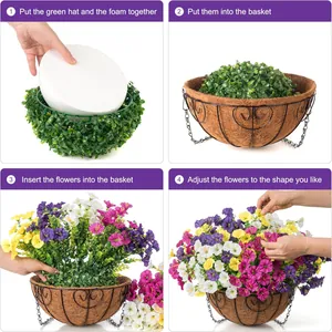 Step-by-step assembly guide for hanging flower basket with colorful artificial petunias