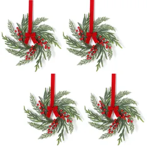 Norfolk Pine Christmas Wreath With Red Berries And Velvet Bow Ribbon Small Artificial Greenery Wreath For Home Holiday Party Decor