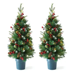 Tall Potted Christmas Tree With Pinecones Red Berries And Snow Dusted Artificial Pine Needle Tree Warm LED Lights For Home Office Desktop Holiday Decor