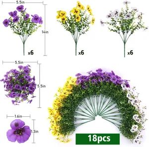 Detailed size specifications for an 18-piece artificial pansy bundle in three colors