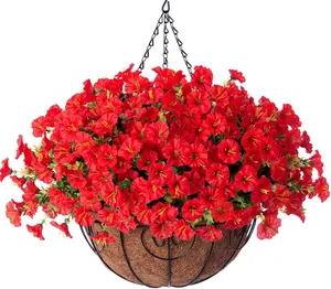 Hanging basket with artificial red petunias, green leaves and black metal chain hook