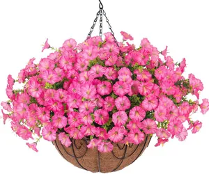 Hanging basket with pink artificial morning glory and eucalyptus on white background