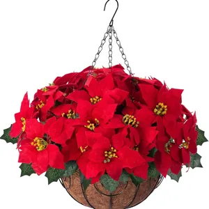 Panier Suspendu Poinsettia Artificiel Avec Doublure en Coco Chaîne en Fer Fleurs de Noël Décoration pour Porte Entrée Jardin Maison