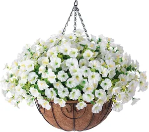 Detail of white artificial morning glory in a hanging basket with coconut liner