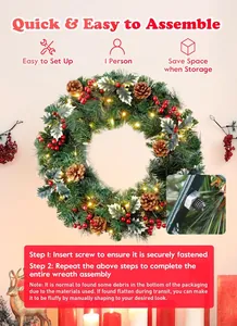 Détail de couronne de Noël avec support à vis et lumières LED chaudes avec pommes de pin
