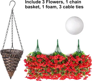 Set cestino sospeso con tre fiori di seta rossa, catena in metallo e base in schiuma