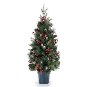 Detail of 90cm potted Christmas tree with snow-flocked needles, red berries and pine cones
