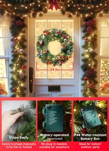 Détails d'une couronne de Noël de 24 pouces avec pommes de pin et boîtier à piles étanche