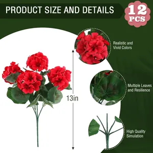 Bouquet de géraniums rouges artificiels 12 tiges, 33 cm de haut pour décor maison