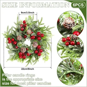 Lot de 6 couronnes de bougies de Noël avec baies rouges et pommes de pin enneigées