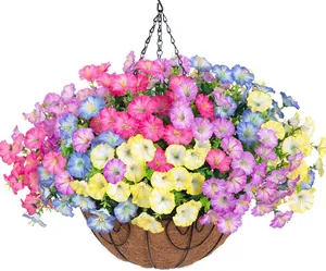Close-up of hanging flower basket with colorful petunias, metal chain and coco liner