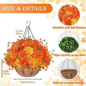 Artificial dahlia chrysanthemum hanging basket with coconut liner and iron chain
