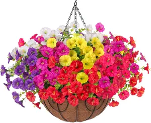 Detail of colorful artificial morning glory flowers in a hanging basket with coconut liner