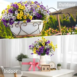 Detail of outdoor and indoor layout showing colorful pansy and eucalyptus bouquets