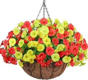 Detail of hanging basket with lifelike red and yellow petunias and natural coco liner