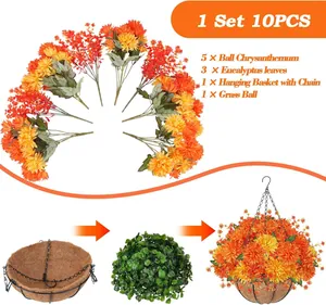 Detail view of 10-piece autumn hanging basket set with dahlia mums and eucalyptus