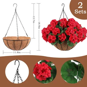 Set of 2 outdoor hanging baskets with red geranium flowers and coconut liner details