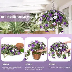 Panier suspendu avec fleurs de gloire du matin mauves et guide de montage mural