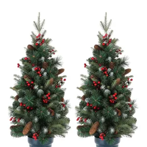 Set of two 90cm artificial Christmas trees with red berries and pinecones in black pots
