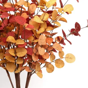 Artificial eucalyptus stems with gradient autumn orange leaves for home and office decor