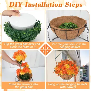 DIY installation steps for hanging flower basket with orange dahlias and coconut liner