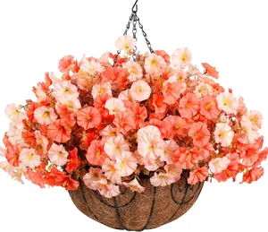 Close-up of vibrant artificial petunia flowers in a hanging basket with coconut coir liner