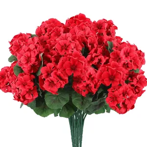 Géranium artificiel rouge avec feuilles vertes pour décoration de maison et mariage