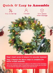Détail de couronne de Noël montrant aiguilles de pin, LED et écrous du cadre métallique