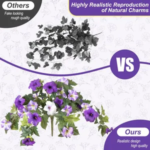Vue détaillée de fleurs de gloire du matin artificielles violettes et blanches