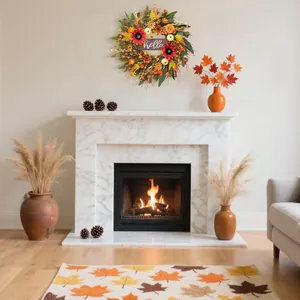 Close-up of fall wreath with white pumpkins, sunflowers and hello sign on white fireplace