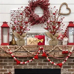 Set of two Valentine's day artificial berry trees with hearts and burlap base for tabletop