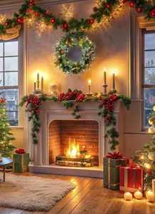 Détail d'une guirlande de Noël avec lumières LED, pommes de pin et baies rouges festives
