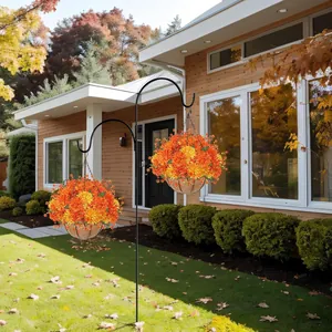 Dual shepherd's hook with hanging baskets of orange autumn chrysanthemums in coconut liners