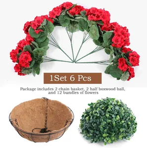Detailed component kit including artificial red geraniums, coconut liner baskets and grass balls