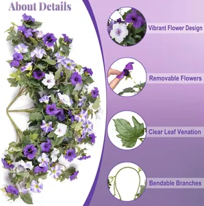 Détails de vignes de gloire du matin avec fleurs violettes amovibles et tiges souples