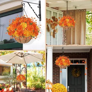 Outdoor Halloween hanging basket with orange dahlia faux flowers and coconut liner